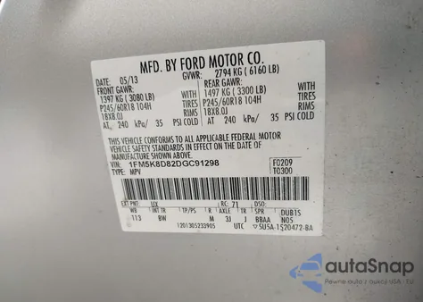 2013 Ford Explorer Xlt из США, поврежденный, VIN 1FM5K8D82DGC91298